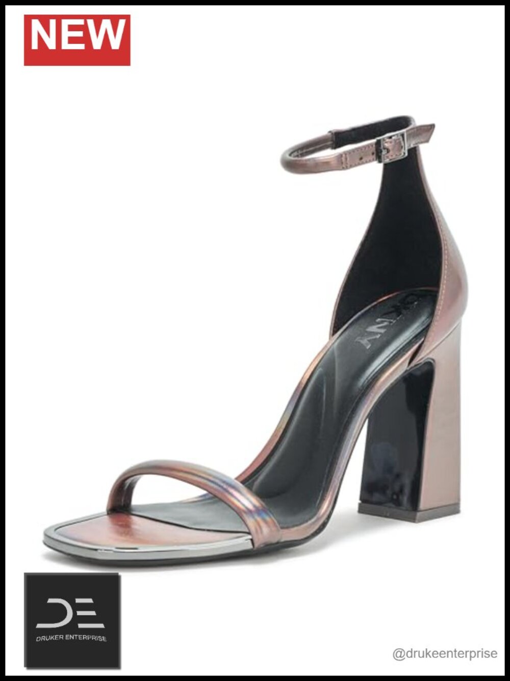 DKNY Waylin Square Toe Ankle Strap Block Heel Sandals Faux Leather